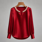 Alexia - Women’s Pearl Trim Satin-Look Blouse
