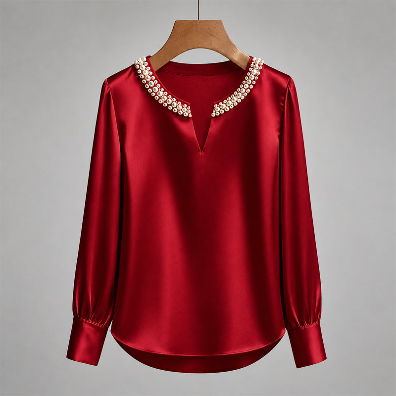 Alexia - Women’s Pearl Trim Satin-Look Blouse
