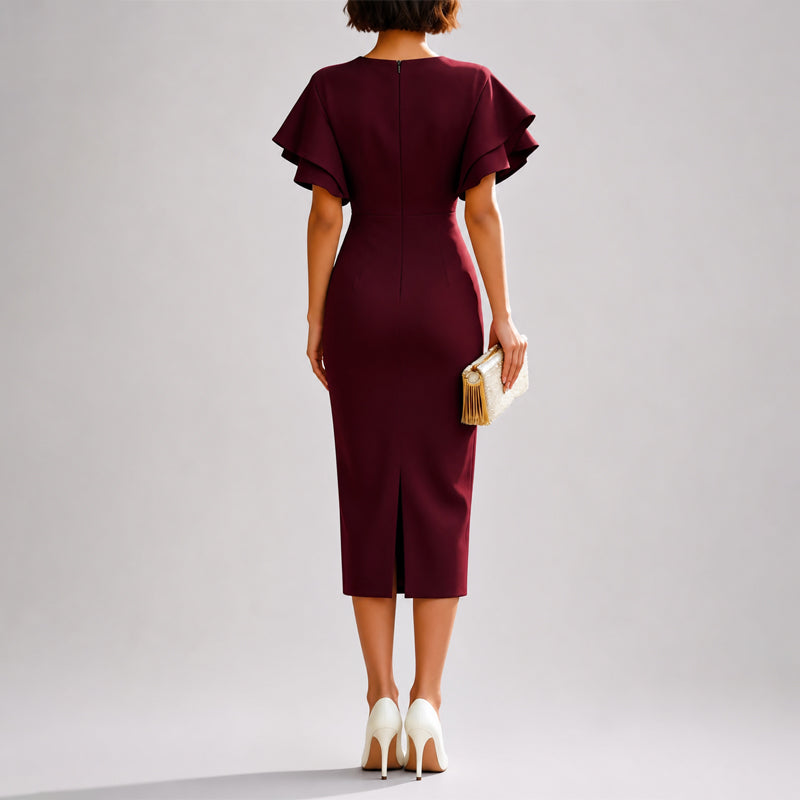Alisha - Women’s Flutter Sleeve Fitted Midi Dress