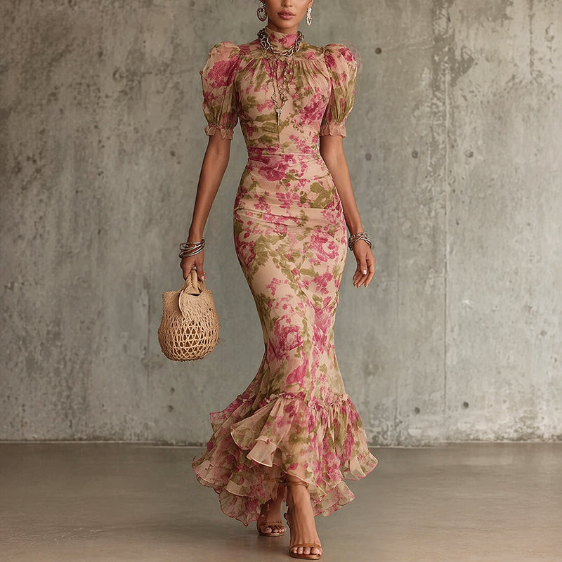 Aurora - Women’s Floral Print High-Neck Maxi Dress