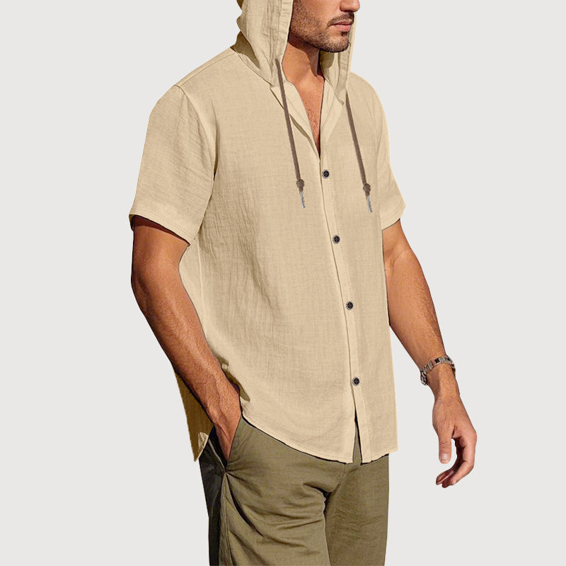 Caleb - Men's Short Sleeve Hooded Button Down Shirt