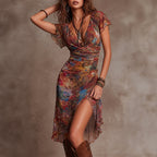Delaney - Women’s Boho Ruched Midi Dress with Deep V-Neck