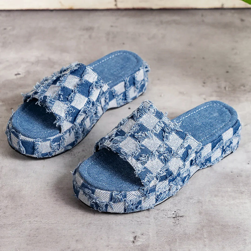 Eliana - Women’s Frayed Checkerboard Denim Slide Sandals