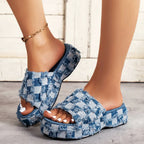 Eliana - Women’s Frayed Checkerboard Denim Slide Sandals