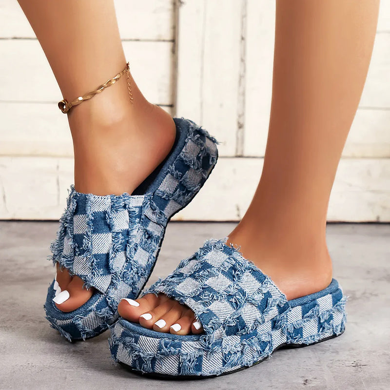 Eliana - Women’s Frayed Checkerboard Denim Slide Sandals