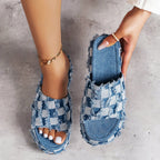 Eliana - Women’s Frayed Checkerboard Denim Slide Sandals