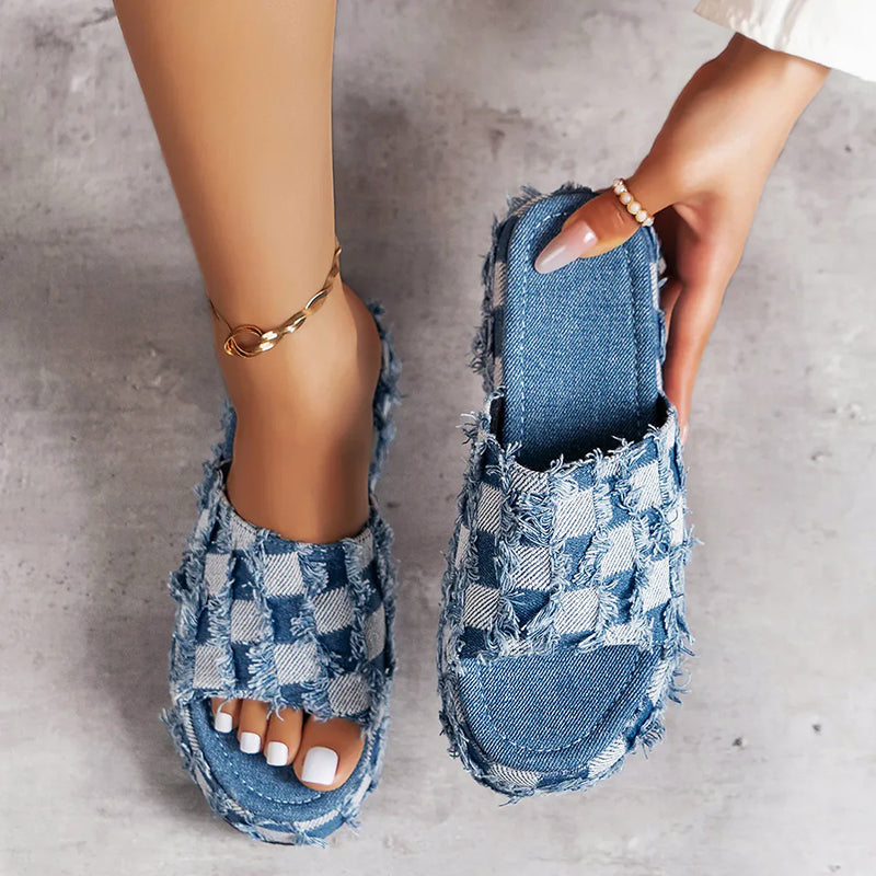 Eliana - Women’s Frayed Checkerboard Denim Slide Sandals
