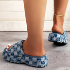Eliana - Women’s Frayed Checkerboard Denim Slide Sandals