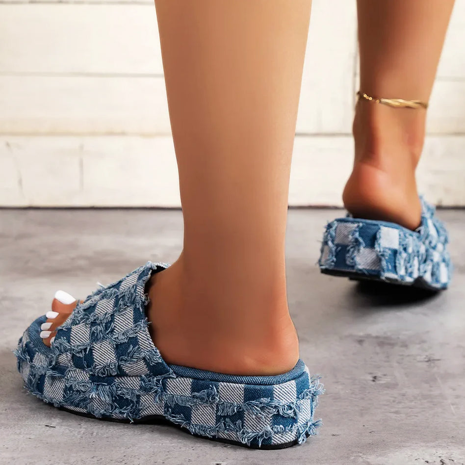 Eliana - Women’s Frayed Checkerboard Denim Slide Sandals