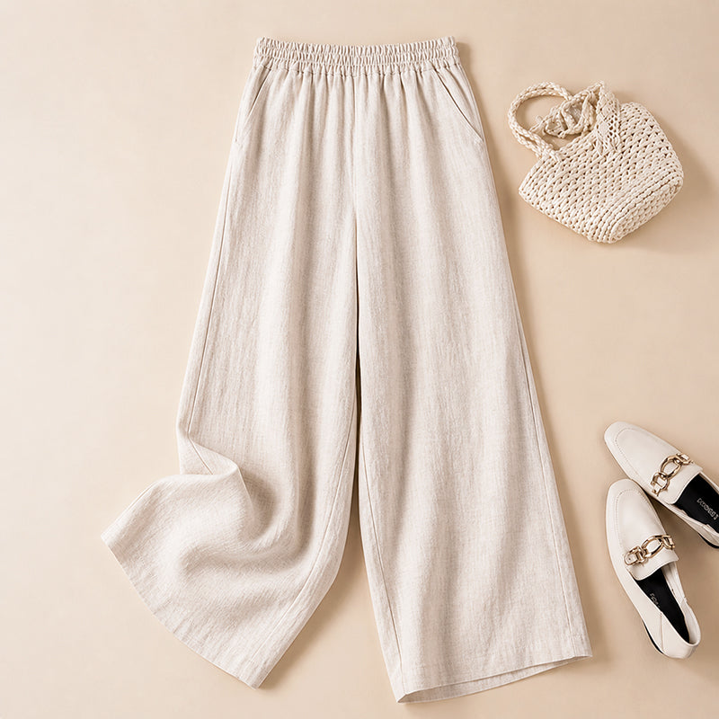 Ella - Women's Linen Wide-Leg Pants with Elastic Waist