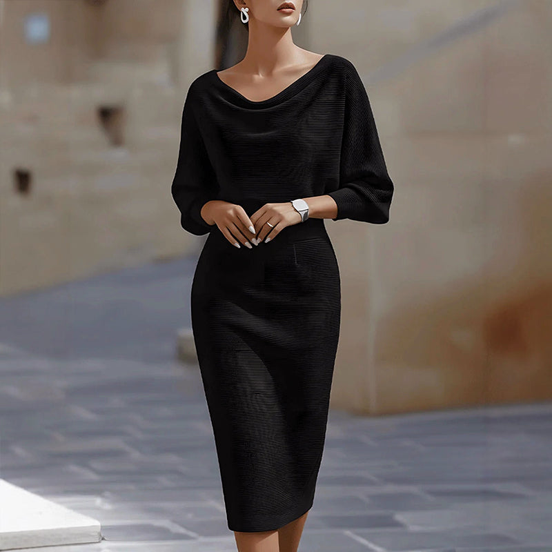 Elsie - Women's Ribbed Knit Batwing Sleeve Midi Dress