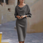 Elsie - Women's Ribbed Knit Batwing Sleeve Midi Dress