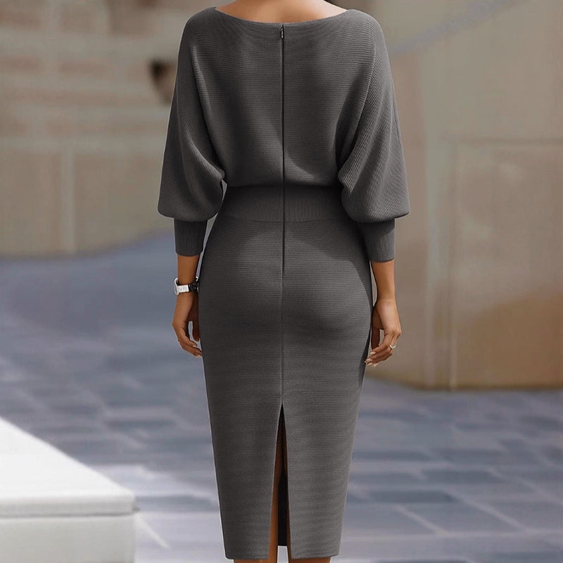 Elsie - Women's Ribbed Knit Batwing Sleeve Midi Dress