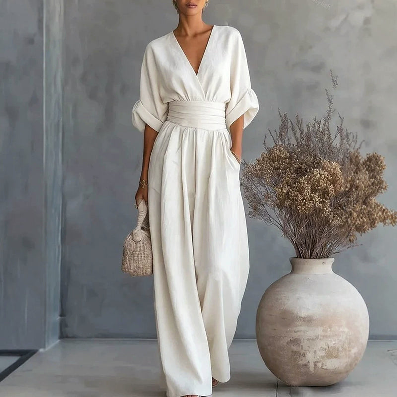 Ember - Women's V-Neck Wide Leg Jumpsuit