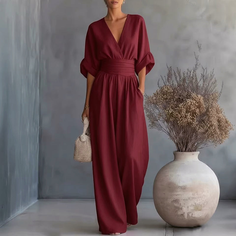 Ember - Women's V-Neck Wide Leg Jumpsuit