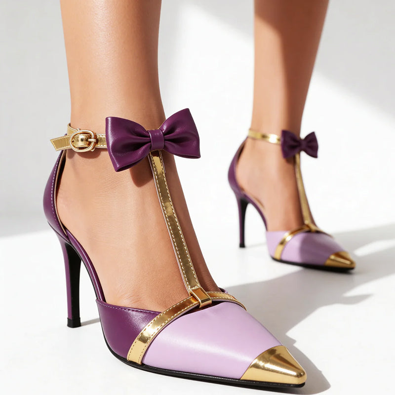 Emilia - Bow Detail T-Strap Pointed Toe Heels