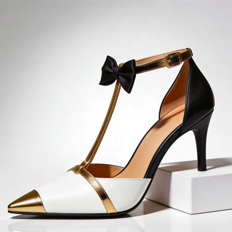 Emilia - Bow Detail T-Strap Pointed Toe Heels
