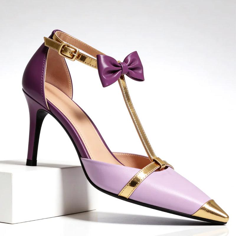 Emilia - Bow Detail T-Strap Pointed Toe Heels