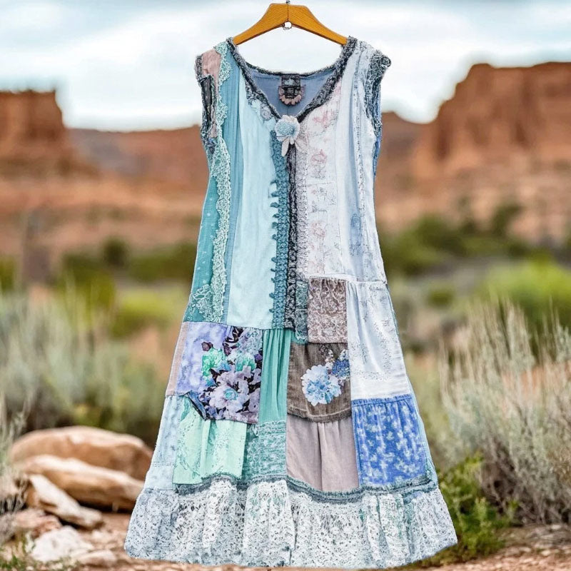 Emily - Women's Boho Patchwork Lace Trim Sleeveless Maxi Dress