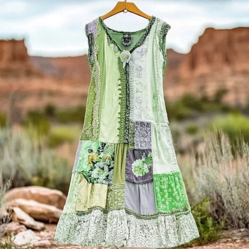 Emily - Women's Boho Patchwork Lace Trim Sleeveless Maxi Dress