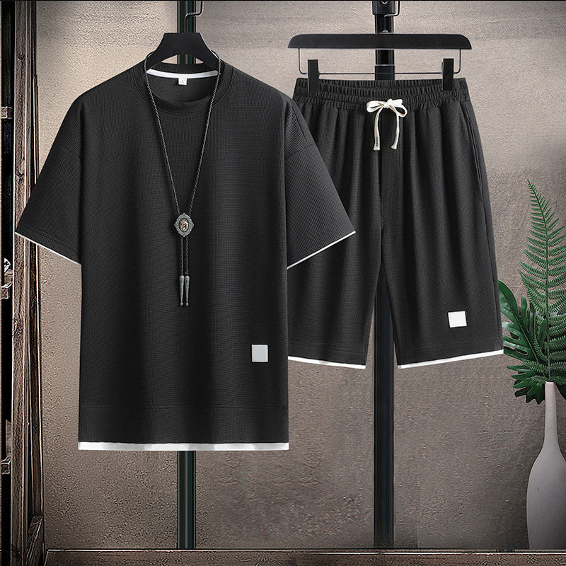 Evan - Men's Waffle Texture T-Shirt And Shorts Set