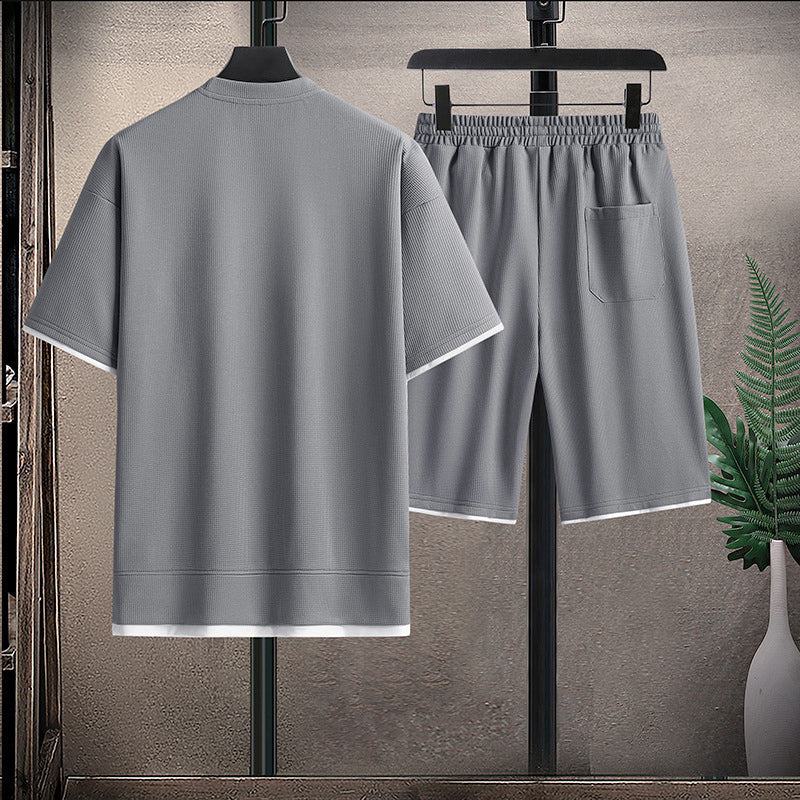 Evan - Men's Waffle Texture T-Shirt And Shorts Set