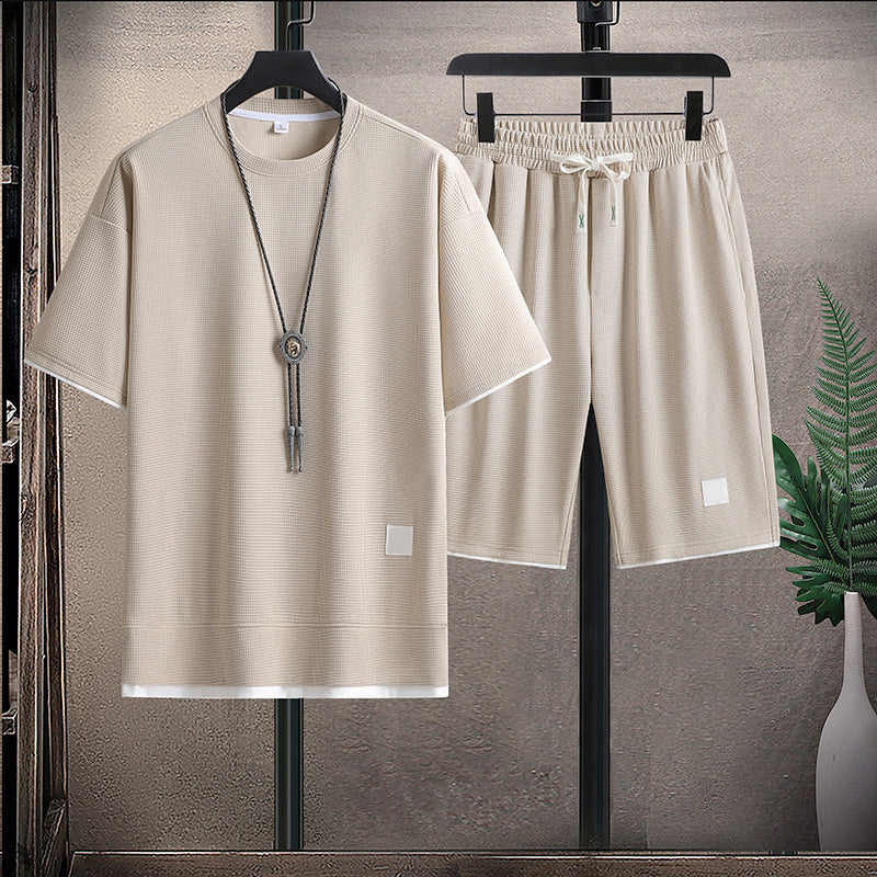 Evan - Men's Waffle Texture T-Shirt And Shorts Set