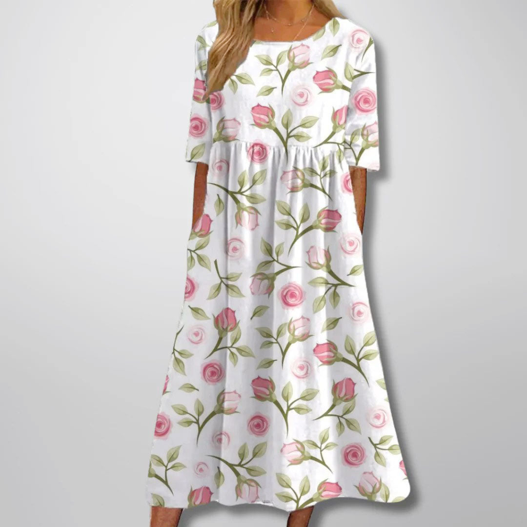 Grace - Women's Floral Print Loose Fit Midi Dress