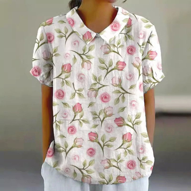 Hannah - Women's Floral Print Short Sleeve Button Blouse