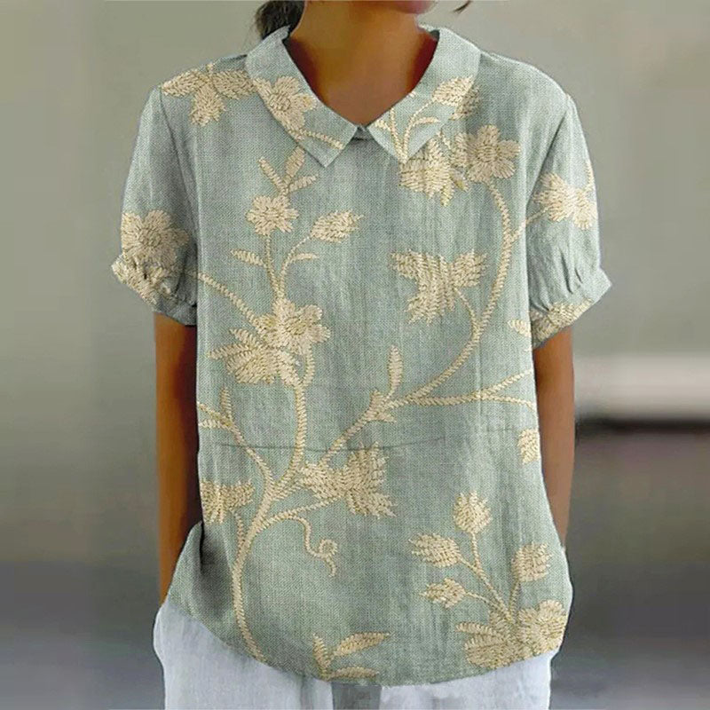 Hannah - Women's Floral Print Short Sleeve Button Blouse