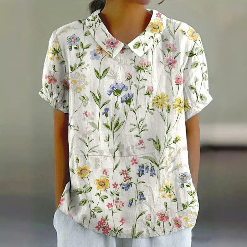 Hannah - Women's Floral Print Short Sleeve Button Blouse