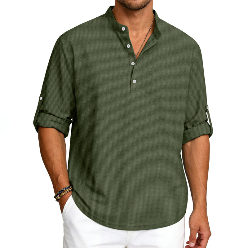 Hugh - Men’s Waffle Knit Henley Stand Collar Shirt