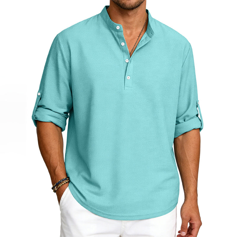 Hugh - Men’s Waffle Knit Henley Stand Collar Shirt