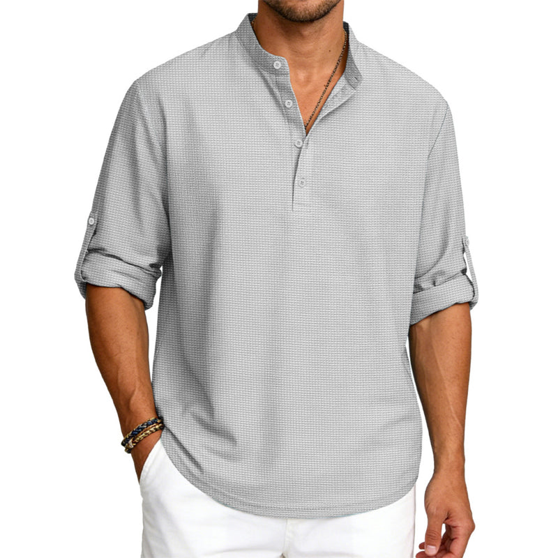 Hugh - Men’s Waffle Knit Henley Stand Collar Shirt