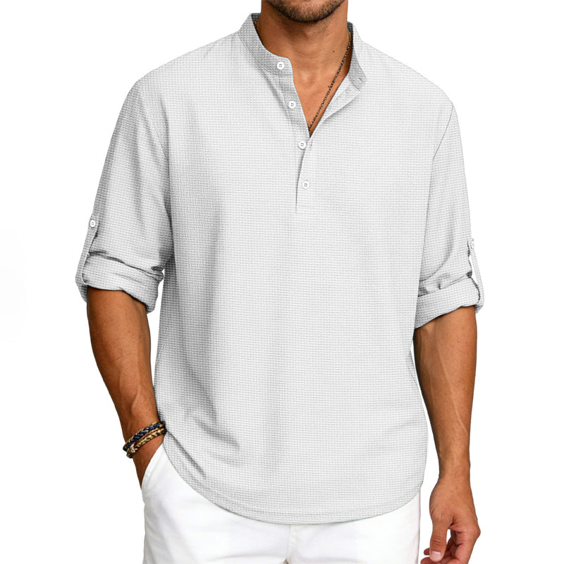 Hugh - Men’s Waffle Knit Henley Stand Collar Shirt