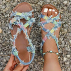 Kylie - Women’s Frayed Denim Strappy Flat Sandals