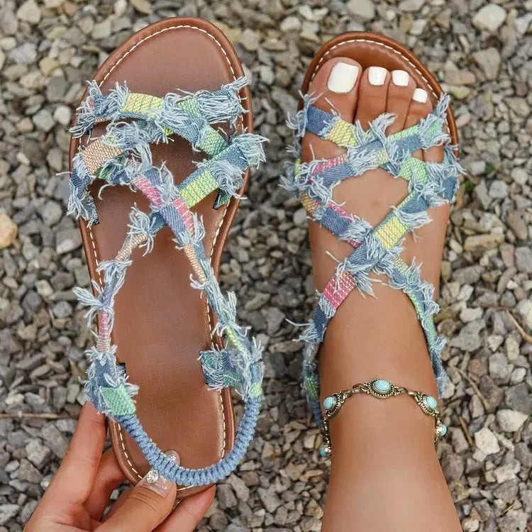 Kylie - Women’s Frayed Denim Strappy Flat Sandals