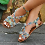 Kylie - Women’s Frayed Denim Strappy Flat Sandals