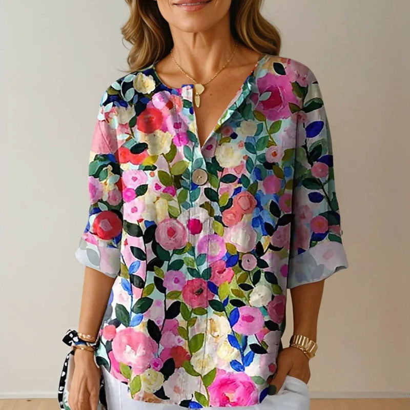 Lauren - Women's Colorful Floral Button Front Casual Blouse