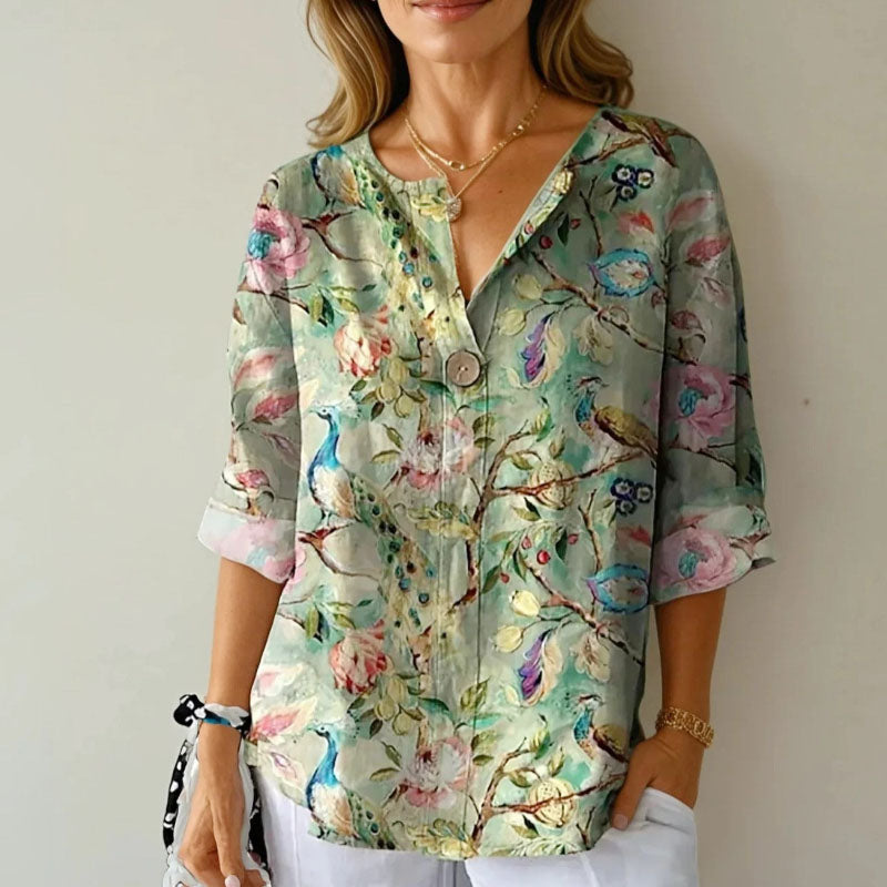 Lauren - Women's Colorful Floral Button Front Casual Blouse
