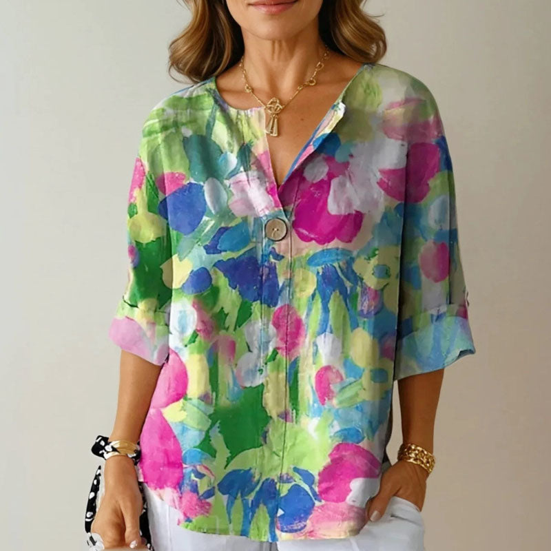 Lauren - Women's Colorful Floral Button Front Casual Blouse