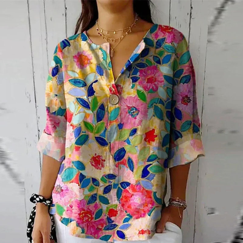Lauren - Women's Colorful Floral Button Front Casual Blouse