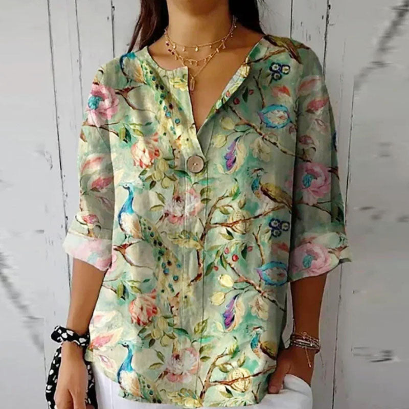 Lauren - Women's Colorful Floral Button Front Casual Blouse