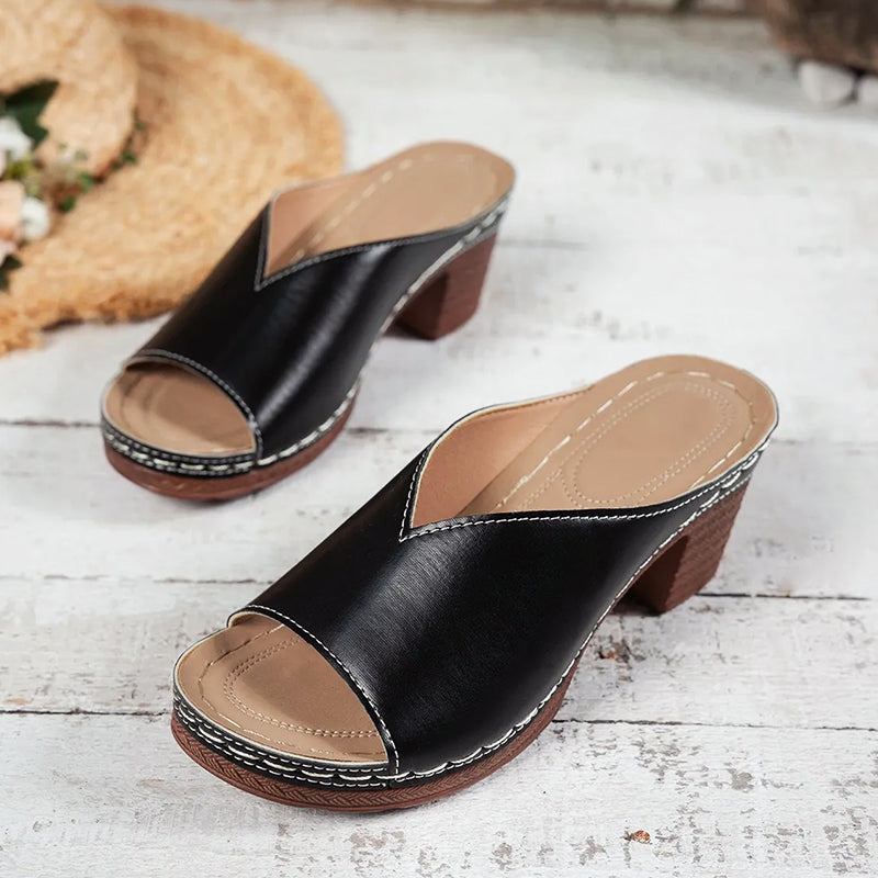Leah - Women’s Open-Toe Block Heel Mule Sandals