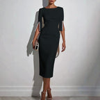Lilah - Women's Elegant Three-Quarter Pearl Sleeve Midi Dress