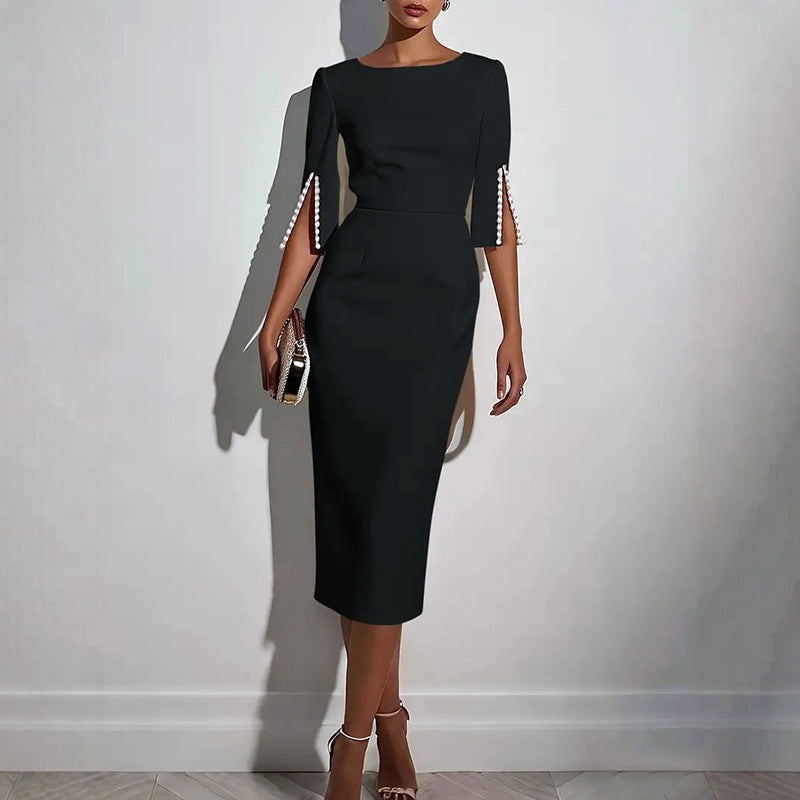 Lilah - Women's Elegant Three-Quarter Pearl Sleeve Midi Dress