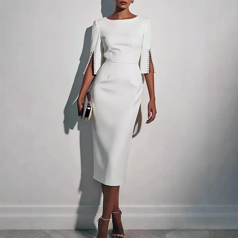 Lilah - Women's Elegant Three-Quarter Pearl Sleeve Midi Dress