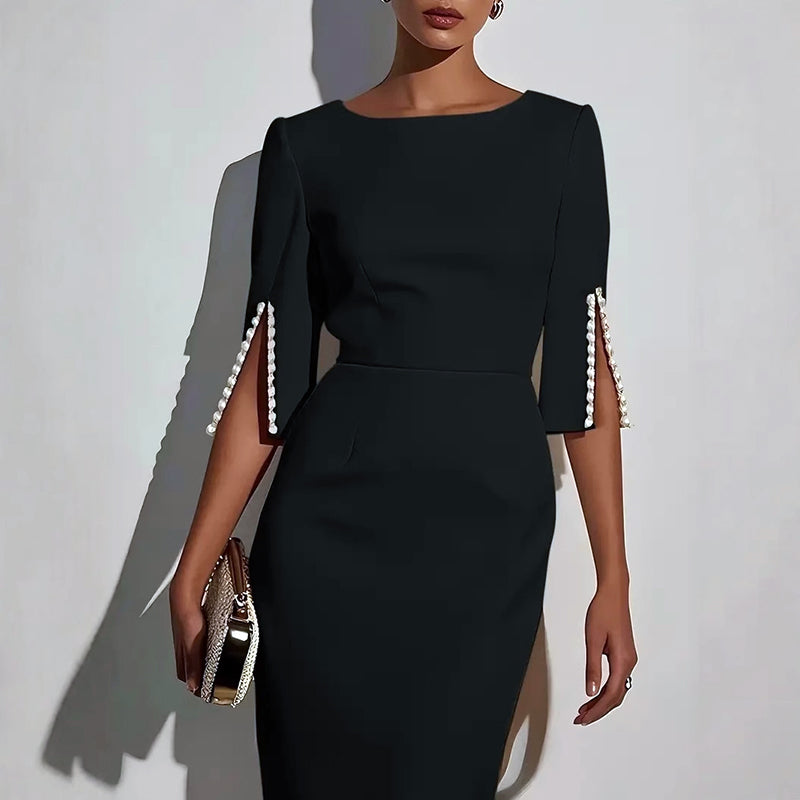 Lilah - Women's Elegant Three-Quarter Pearl Sleeve Midi Dress