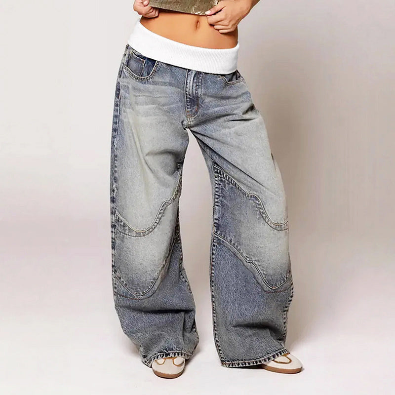 Madison - Women's Wide Leg Contrast Waist Baggy Jeans