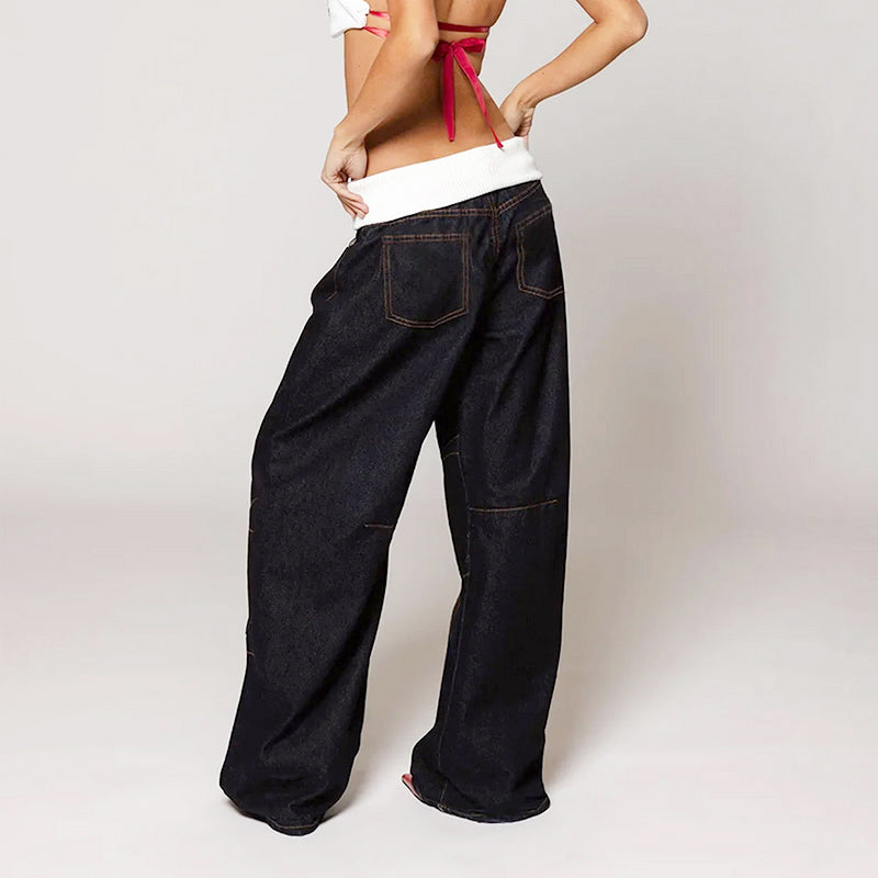 Madison - Women's Wide Leg Contrast Waist Baggy Jeans